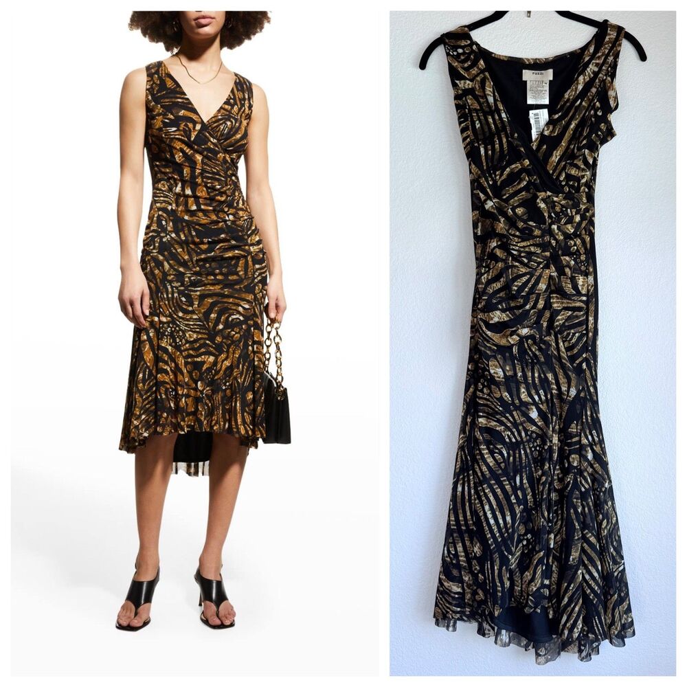 NWT FUZZI Animalier Sleeveless Animal-print Tulle Dress In Cammello Brown Size M